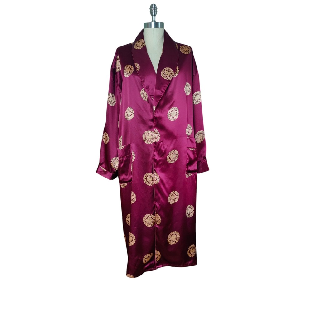 Vintage Chinese 100% Silk Kimono Robe Maroon Gold Medallion XL Luxury Bathrobe